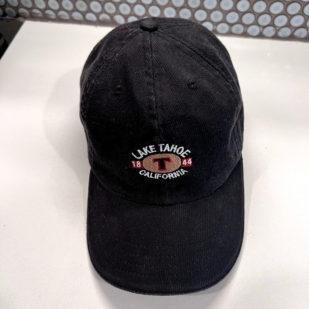 Vintage Lake Tahoe Corduroy‎ Strap Back Cap Hat Black Embroidered ADG American - Picture 5 of 9